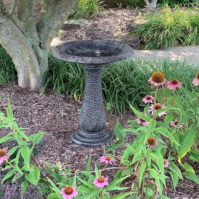 Tierra Garden Birdbath for Outdoors - 24" Charcoal Fiber Clay Bird Bath Bowl and Stand, Easy Assembly UV-Resistant Bird Baths for Outside, Outdoor Decor Pedestal Birdbaths, Garden Decor for Outside